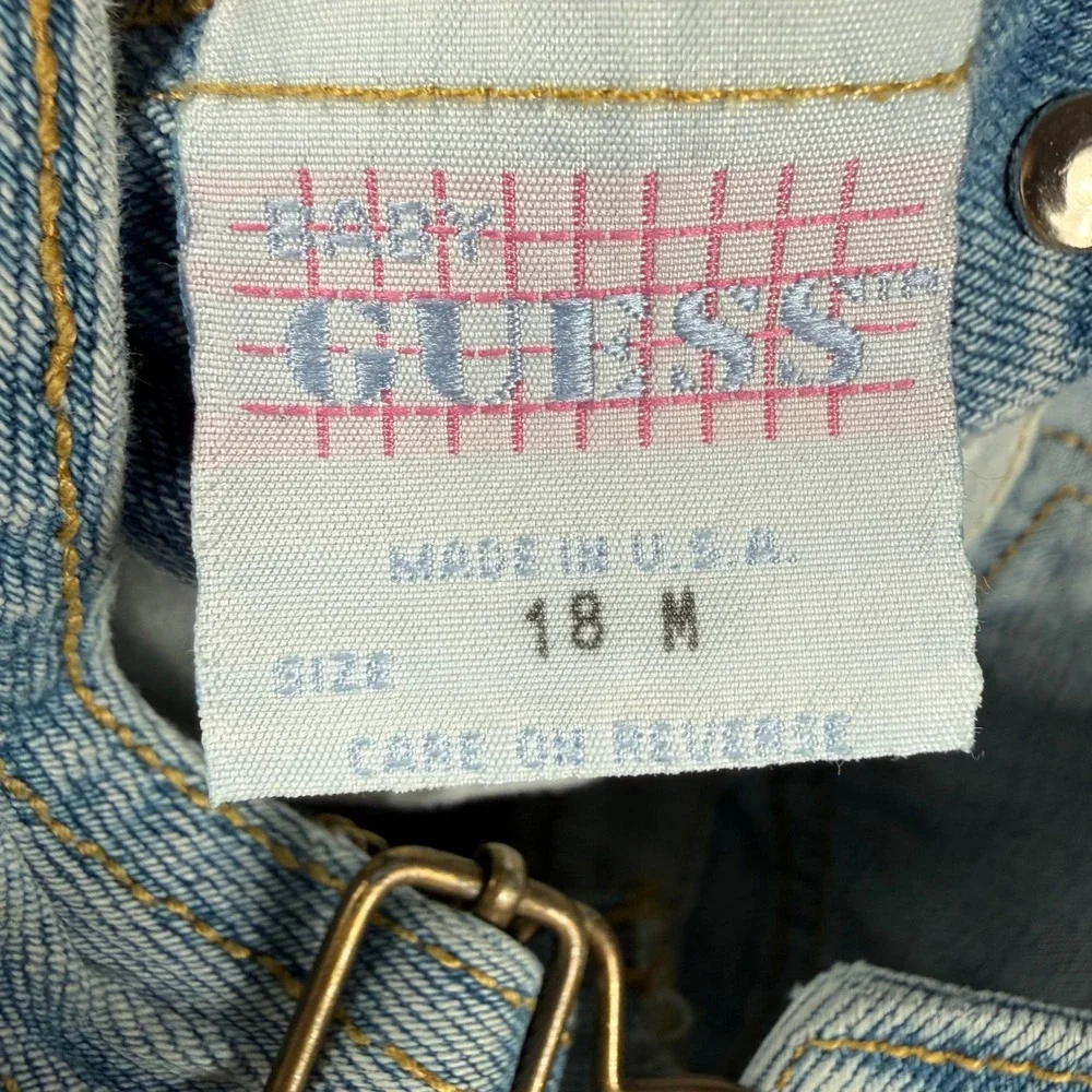 Vintage 90s Guess Baby 18M Denim Shortalls Overalls Triangle Logo Snap Crotch